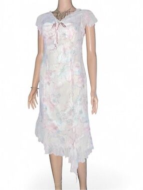 Luar Pastel Floral Lace-Trim Midi Dress - White/Pink